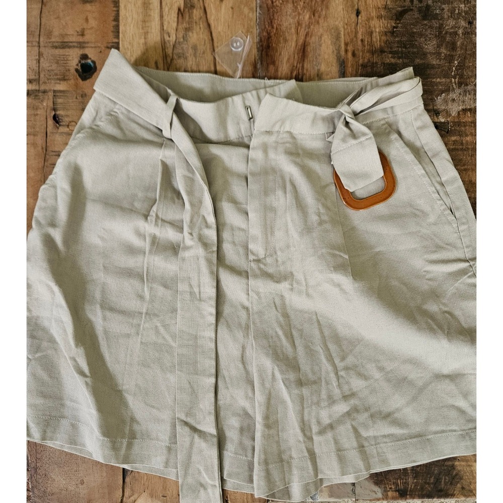 MINE Womens Beige Linen Blend Belted Shorts Rattan Buckle Pleated Front Size M